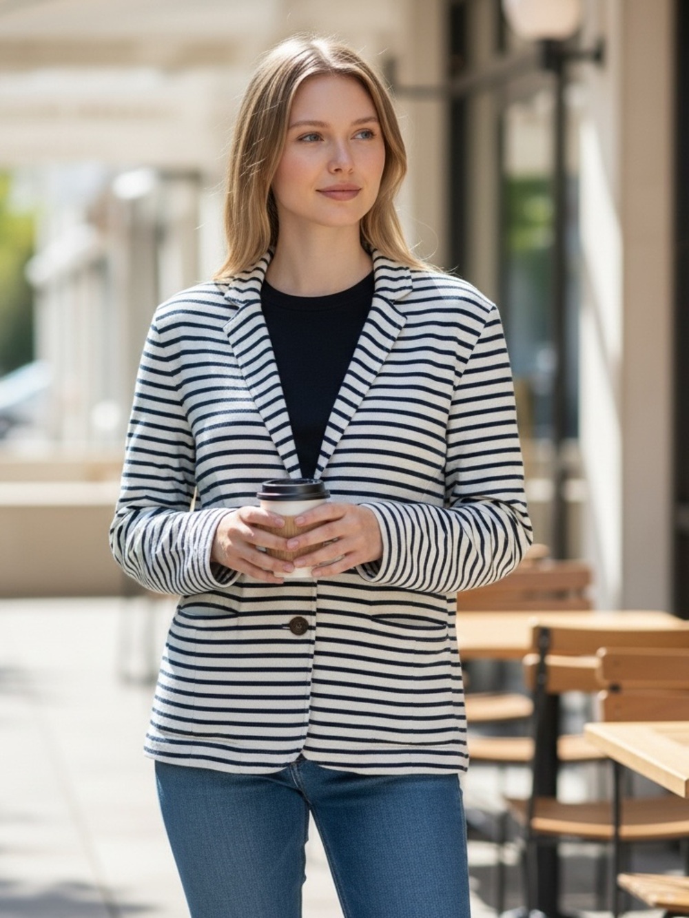 J. Crew Women’s L 100% Cotton Striped Navy & Off White Summer Blazer - Picture 2 of 8